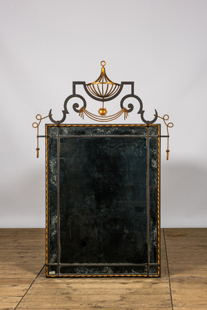 A neoclassical Las Palmas design 'Roussel' partly gilt wrought iron mirror, 20th C.