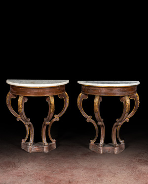 A pair of French partly gilt wooden consoles with marble top, 19th C.