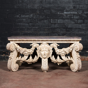 A white patinated neoclassical walnut console table with red marble top, 19/20th C.