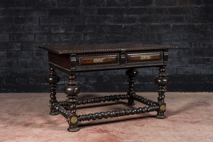 A partly ebonised walnut table on barley-twist base with baluster legs, 19th C.