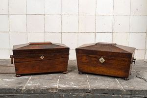 Two English mahogany tea caddies, 19th C.