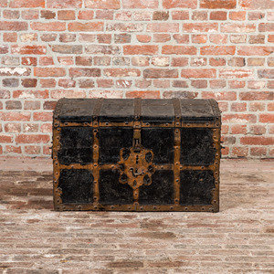 A wrought iron mounted wooden coffer with leather upholstery, 18th C.