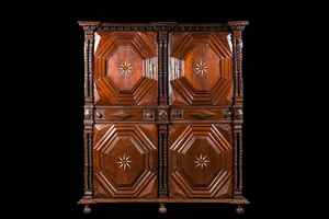 An imposing baroque-style parquetry oak four-door cupboard, 19th C.