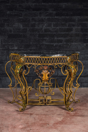 A Louis XV-style polychrome wrought iron console with black marble top, 19th C.