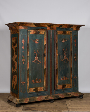 A German polychrome wooden linen cupboard, dated 1765, 18/19th C.