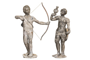 Two French lead garden sculptures of Amor and Venus with a burning heart, 19th C.