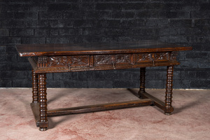 A Spanish walnut table with three drawers, 17th C