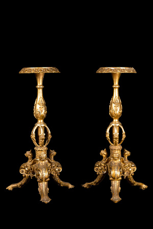 A pair of possibly Italian historicism gilt wooden pedestals, 19th C.