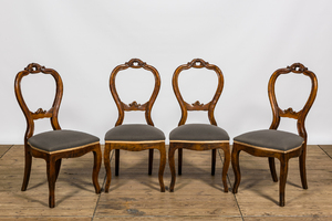 Four French walnut chairs with gray upholstery, 20th C.