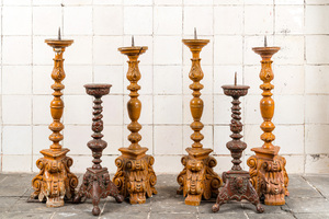 Three pairs of large painted wooden candlesticks, 19th C.