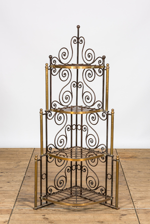 A wrought iron and brass corner stand for plants, 20th C.