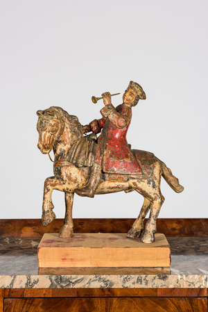 A polychrome wooden 'rider on horseback' sculpture, 18/19th C.