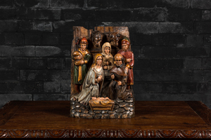 A polychromed oak group depicting the adoration of the shepherds, 19th C.