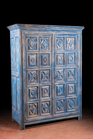 A French blue patinated oak two-door cupboard, 20th C. with older elements