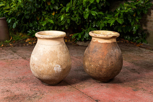 Two French partly glazed terracotta jars, one marked Antoine Rissy, 19/20th C.