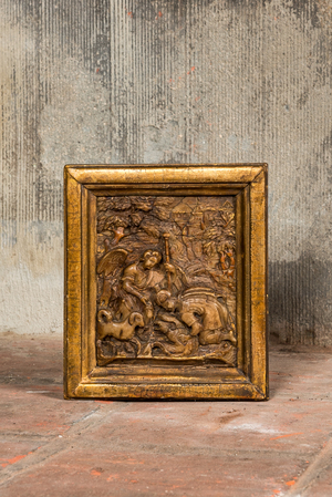 A partly gilt Mechelen alabaster relief depicting Tobias and the angel, studio Tobias Tissenaeken, ca. 1600