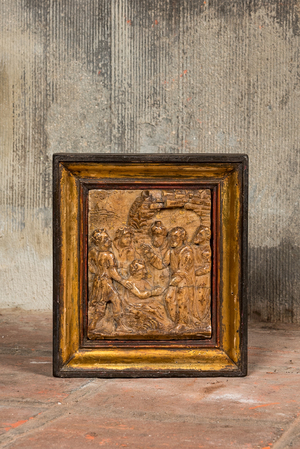 A partly gilt Mechelen alabaster relief depicting the raising of Lazarus, studio Nicolaes Daems, first half 17th C.