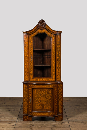 A Dutch mahogany and floral marquetry corner cabinet, 19th C.