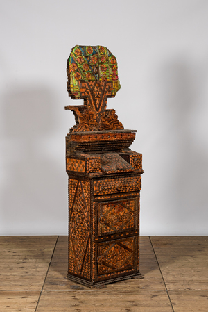 A North African fantasy cabinet with wooden and plastic parquetry, 20th C.