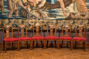 Six Swedish wooden Louis XVI-style chairs with red upholstery, 19th C.