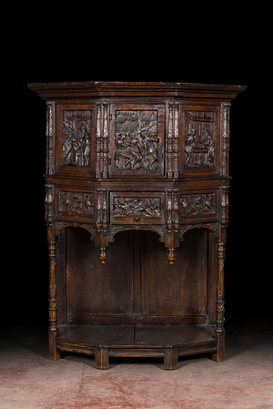 A carved oak wooden credenza, 17th C. with later elements