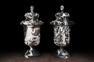 A pair of large black and white 'Grand Antique' marble vases and covers, probably Italy, 19/20th C.