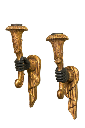 A pair of Italian gilt and blackened wood 'blackamore' wall appliques, 20th C.