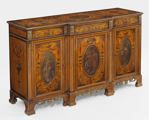 A large and finely painted English rosewood veneered satinwood sideboard with gilt bronze mounts, late 19th C.