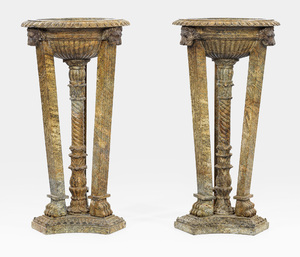 A pair of impressive French grey and yellow marble planters in Roman style, 19th C.