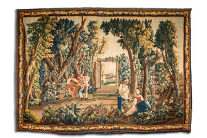 A French Aubusson tapestry depicting 'La main chaude' after Jean-Baptiste Huet, 18th C.