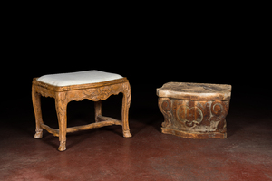 An upholstered wooden footstool and a stand, probably France, 18/19th C.