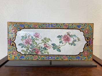 A large rectangular Chinese gold-yellow-ground Canton enamel plaque with fine floral design, Yongzheng