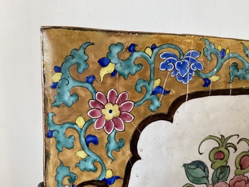 A large rectangular Chinese gold-yellow-ground Canton enamel plaque with fine floral design, Yongzheng