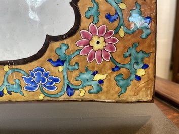 A large rectangular Chinese gold-yellow-ground Canton enamel plaque with fine floral design, Yongzheng