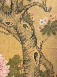 In the manner of Yun Shouping 惲壽平 (1633-1690):'Pheasant and peonies', ink and colour on silk